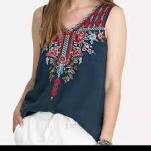 Johnny Was Navy and Red Embroidered Tank Top